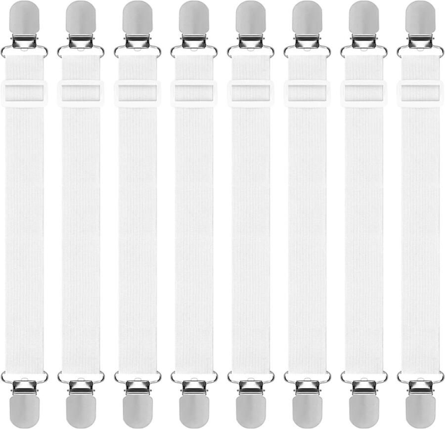 Universele Lakenspanners 8 stuks hoes lakenspanners 2.5cm*130cm elastische hoeslakenspanners verstelbare hoeslakenhouders wit met metalen clips voor laken matras strijkplank of bank
