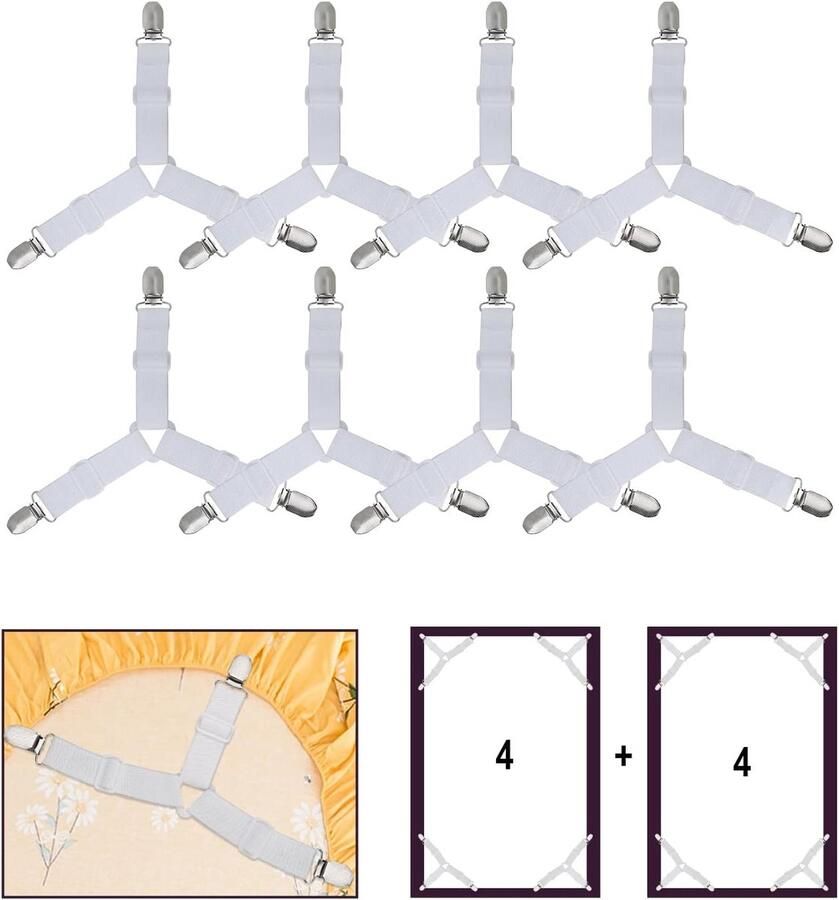 Universele Lakenspanners Driehoek Elastische Bed Sheet Bretels Bed Straps lakenspanner 3 Manieren Matras Hoek Bretels Grippers Houders Beddengoed Helper voor Woondecoratie 8 stuks Wit