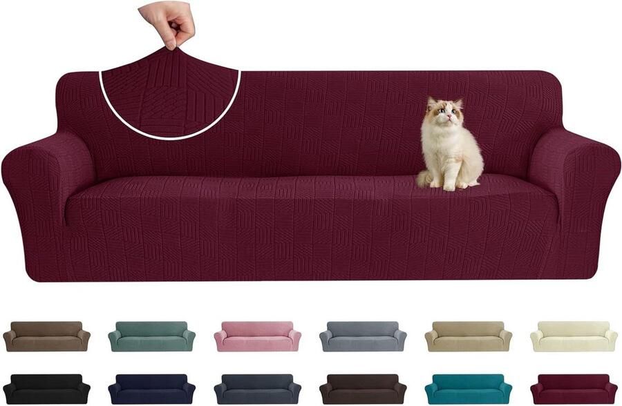 Universele Rekbare Armsteun Sofahoes voor 4-zitsbank Wijnrood Antislipschuim Wasbaar Bankhoes