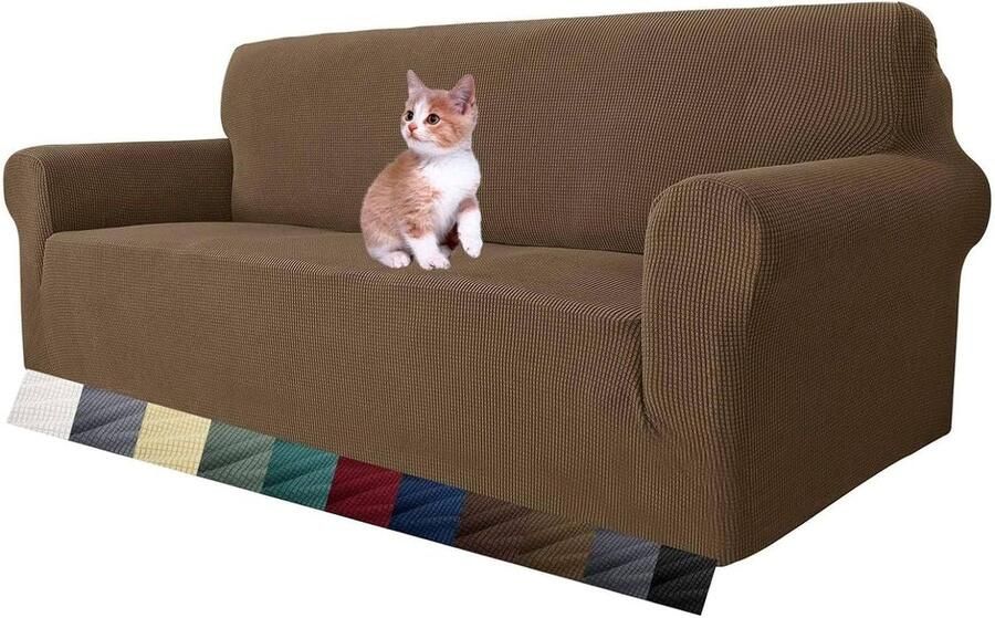 Super Stretch Zetelhoes voor 3 zitplaatsen bank 1-delige universele bankhoezen woonkamer Jacquard Spandex meubelbeschermer honden huisdiervriendelijk ingerichte bank Slipcover (3 Zitsbank Bruin) - Foto 3