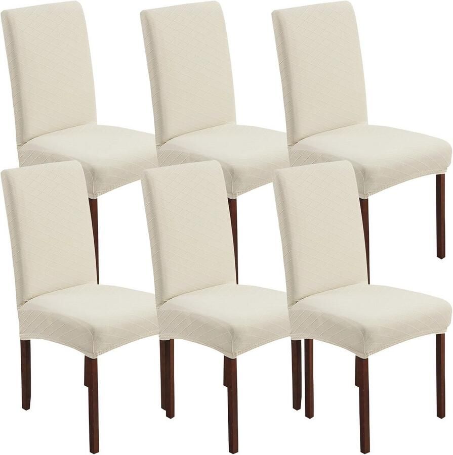 Universele Stretch Stoelhoezen Set van 6 Wasbare Jacquard voor Eetkamer Feesten en Bruiloften (Beige)