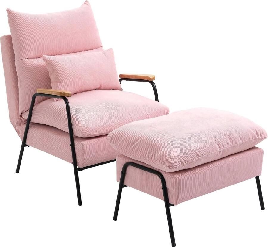 Relax Fauteuil met Poef Verstelbare Oorfauteuil voor Woonkamer en Slaapkamer in Roze