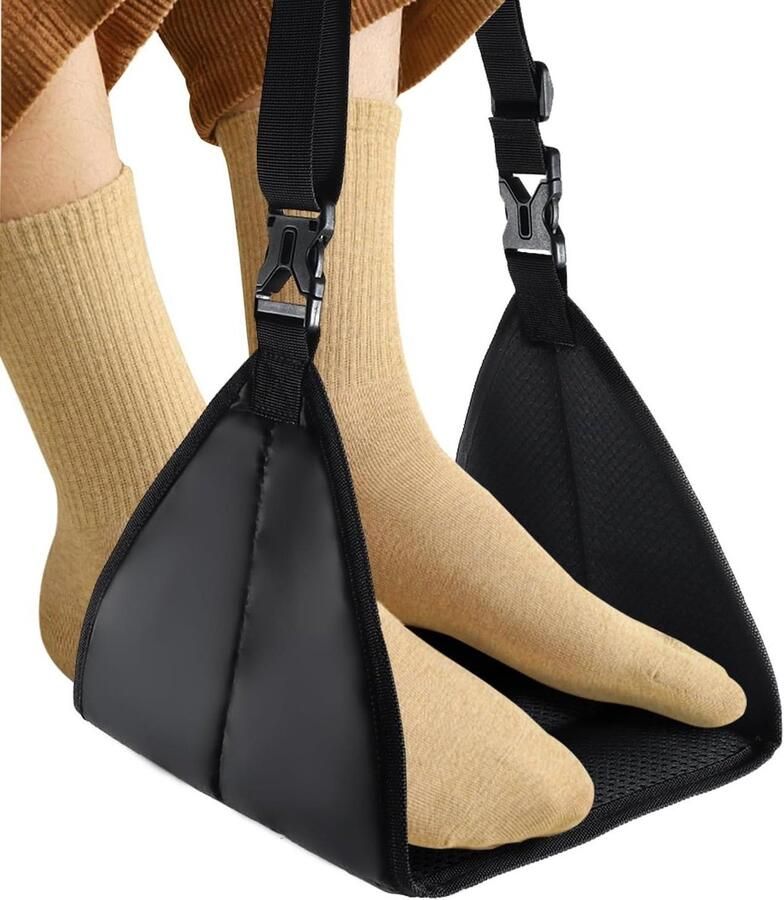 Upgrade airplane footrest without colliding feet Portable base design for travel foot hammock Essentials for travel: Portable footrest for flights Adjustable height fits in hand luggage
