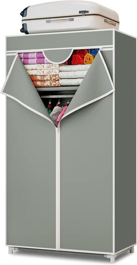 Stoffen canvas draagbare kledingkast met hangende rail en planken hoogwaardige opvouwbare kast voor slaapkamer woonkamer 70 x 45 x 155 cm Kledingkast