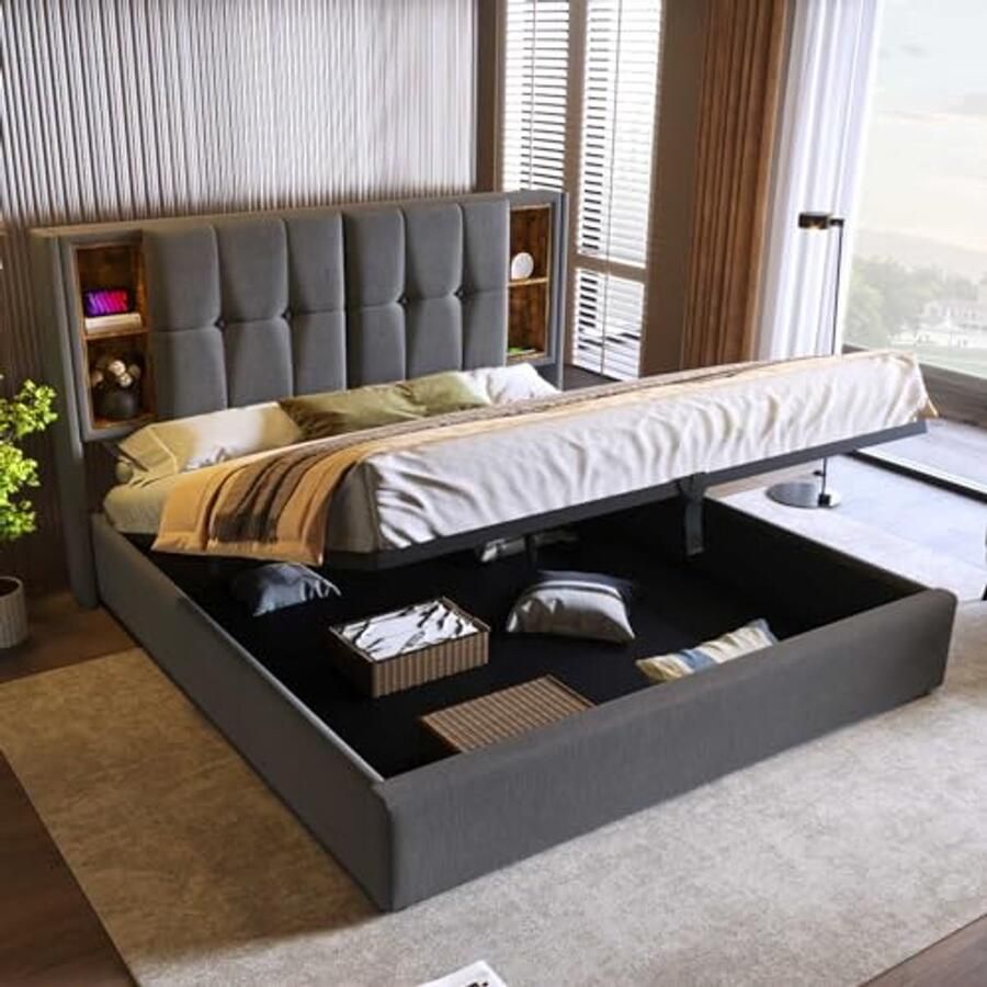Upholstered Bed with Storage and USB Charging (180 x 200 cm Grey)