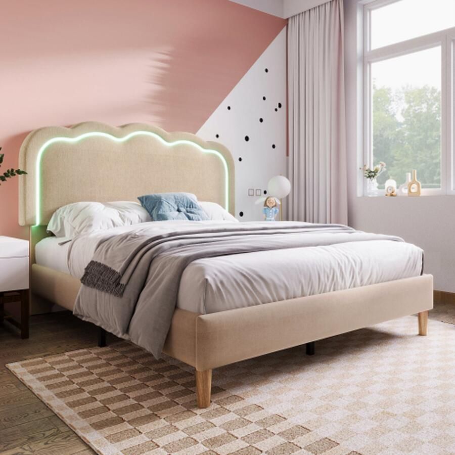 Upholstered children's bed 140x 200 cm bed frame with LED Kopfteil headboard and slatted base teenage girl's bed inLinnen materiaal guest bed (colour: beige)
