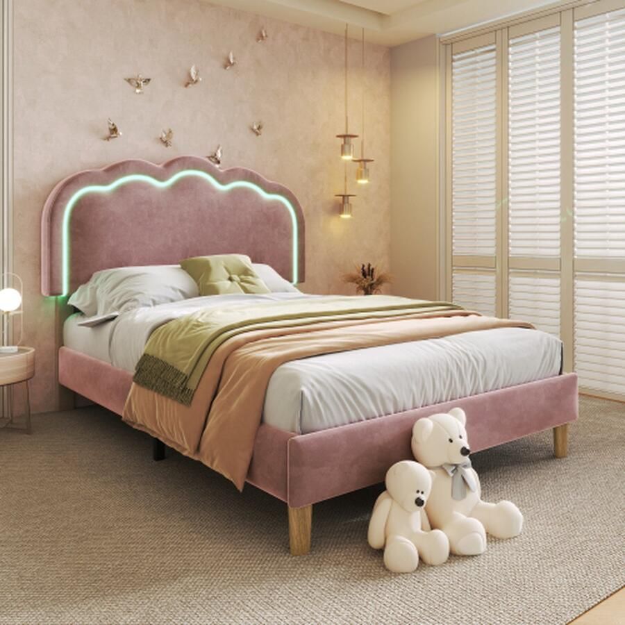 Upholstered children's bed 90 x 190 cm bed frame with LED Kopfteil headboard and slatted base teenage girl's bed inLinnen materiaal guest bed (colour: rose)