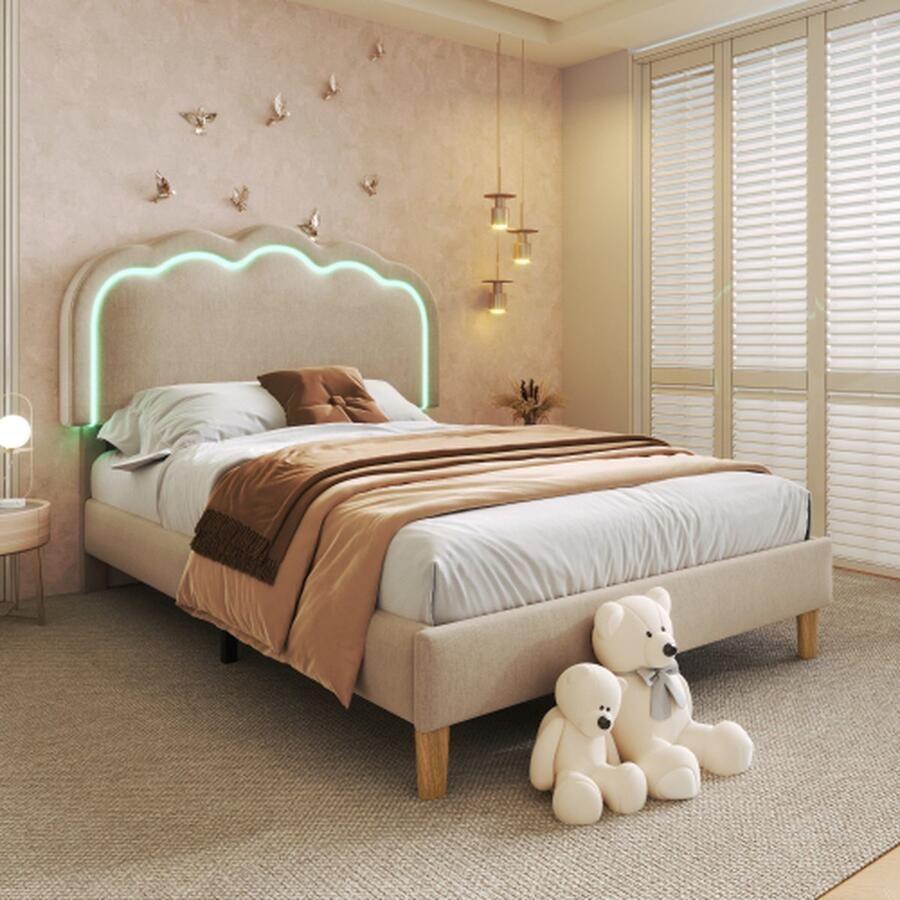 Upholstered children's bed 90 x 200 cm bed frame with LED Kopfteil headboard and slatted base teenage girl's bed inLinnen materiaal guest bed (colour: beige)