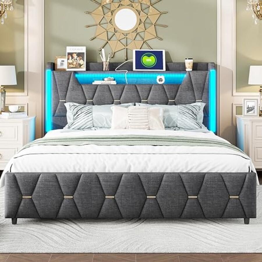 Upholstered Double Bed 160x200cm with LED Lights Storage Headboard and Charging Station