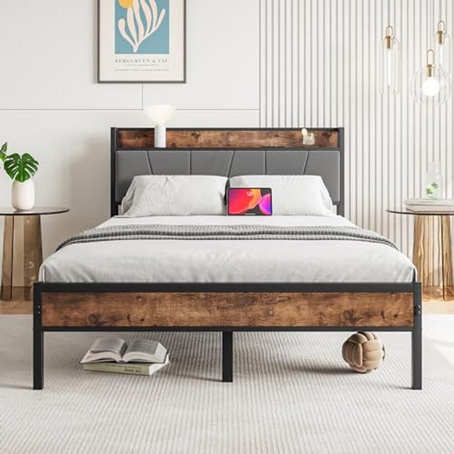 Upholstered Metal Bed Frame 120 x 200 cm with Storage Headboard