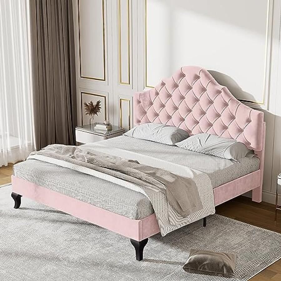 Upholstered Teenage Bed 140x200 cm Velvet with Adjustable Headboard Pink