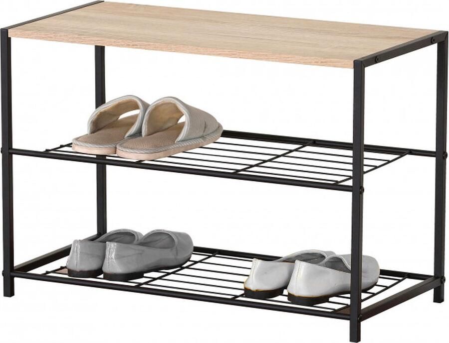 Urban Living Schoenenrek van metaal hout 2-laags 63 x 30 x 43 cm schoenen opbergen zwart kastje voor 6 paar