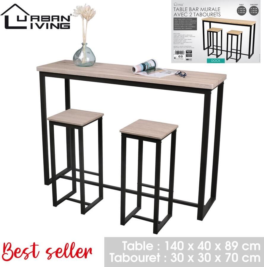 Urban Living Rechthoekige Bartafel 2 vierkante krukken