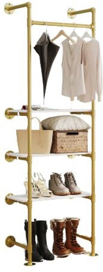 Livetastic Urban Stijl Industrieel Wandrek Kledingrek Met Pijpen Bevestiging aan de muur- Houten planken – Wandrek met Pijpleiding Gouden Afwerking 178 cm Hoog