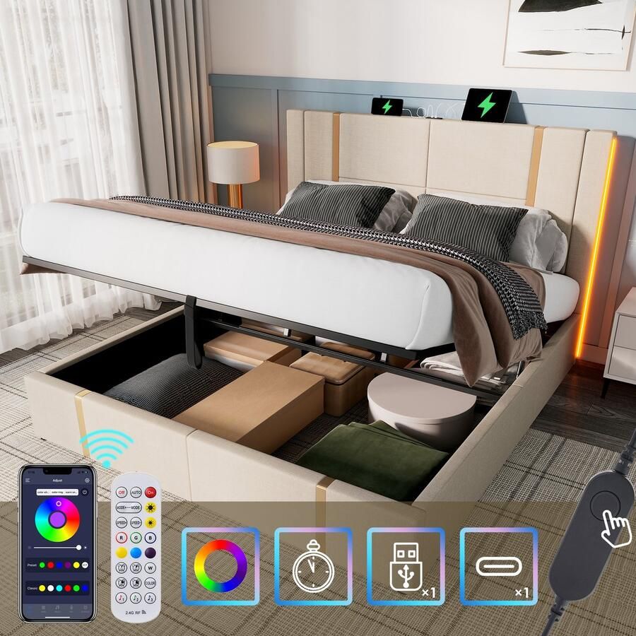 USB-C oplaadfunctie APP-besturing LED verlichting 180x200 opbergbed houten lattenbodem beige linnen zonder matras