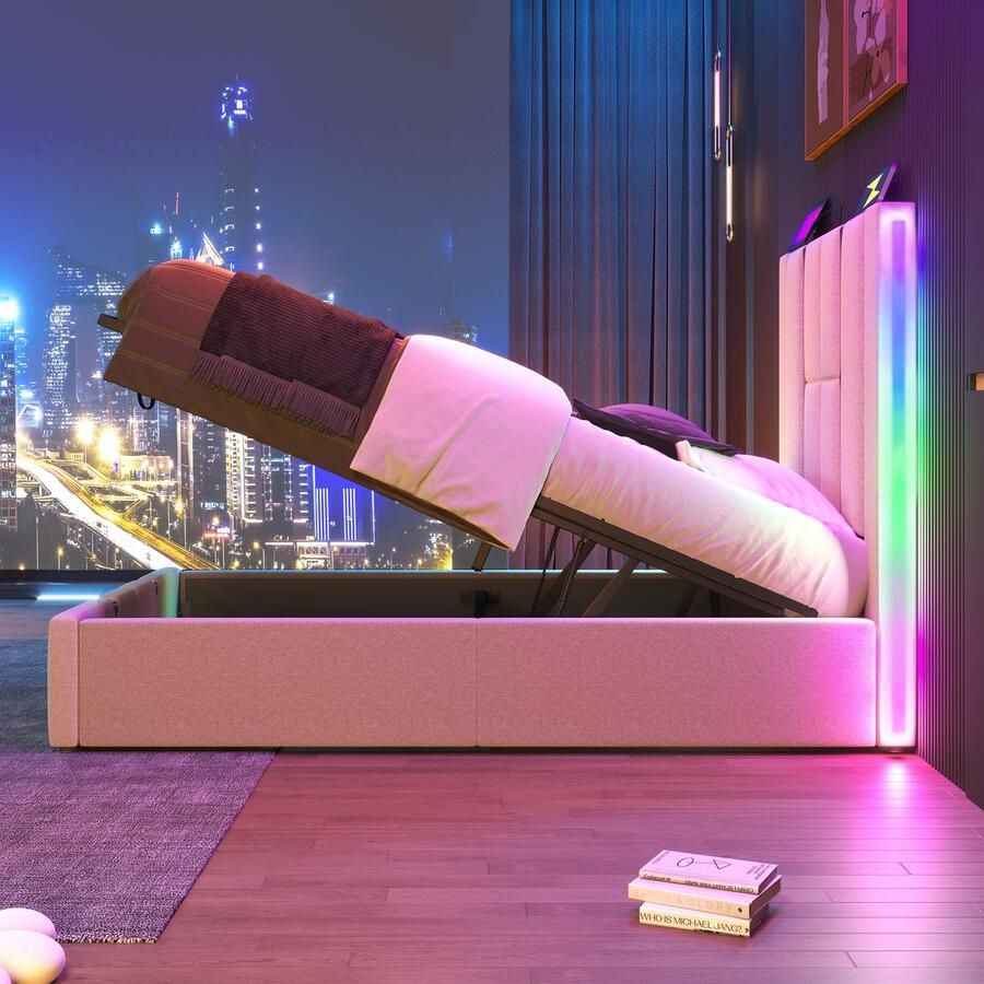 USB-C oplaadfunctie APP-besturing LED verlichting 90x200 opbergbed houten lattenbodem beige linnen zonder matras