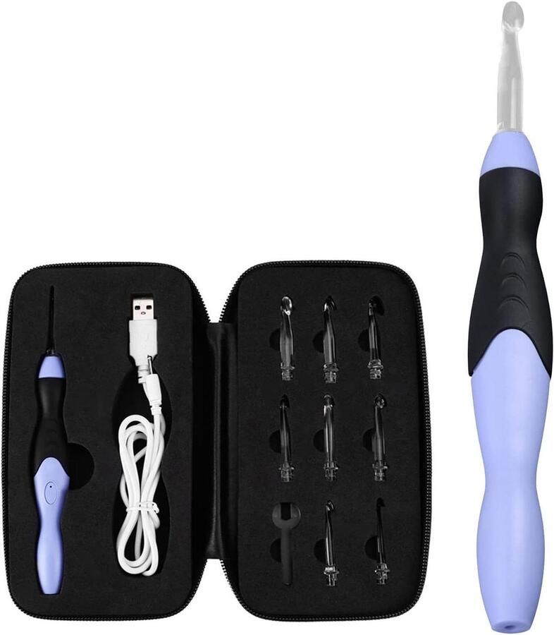 USB Oplaadbare LED-oplichtende Haaknaaldenset 9 in 1 Verwisselbare Koppen Accessoires en Tips