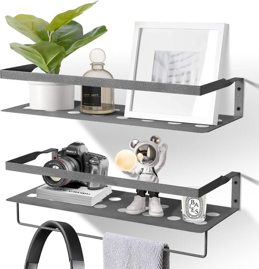 Uten metalen wandplank badkamerplank keukenplank set van 2 metalen wandplank 40 cm met handdoekhouder voor woonkamer keuken badkamer studeerkamer zilver stip grijs