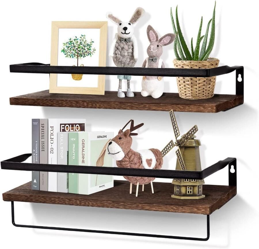 Uten wandplank rustieke zwevende plank van hout en metaal met handdoekhouder set van 2 voor wandmontage voor slaapkamer woonkamer badkamer keuken kantoor bruin 42 x 15 x 7 5 cm