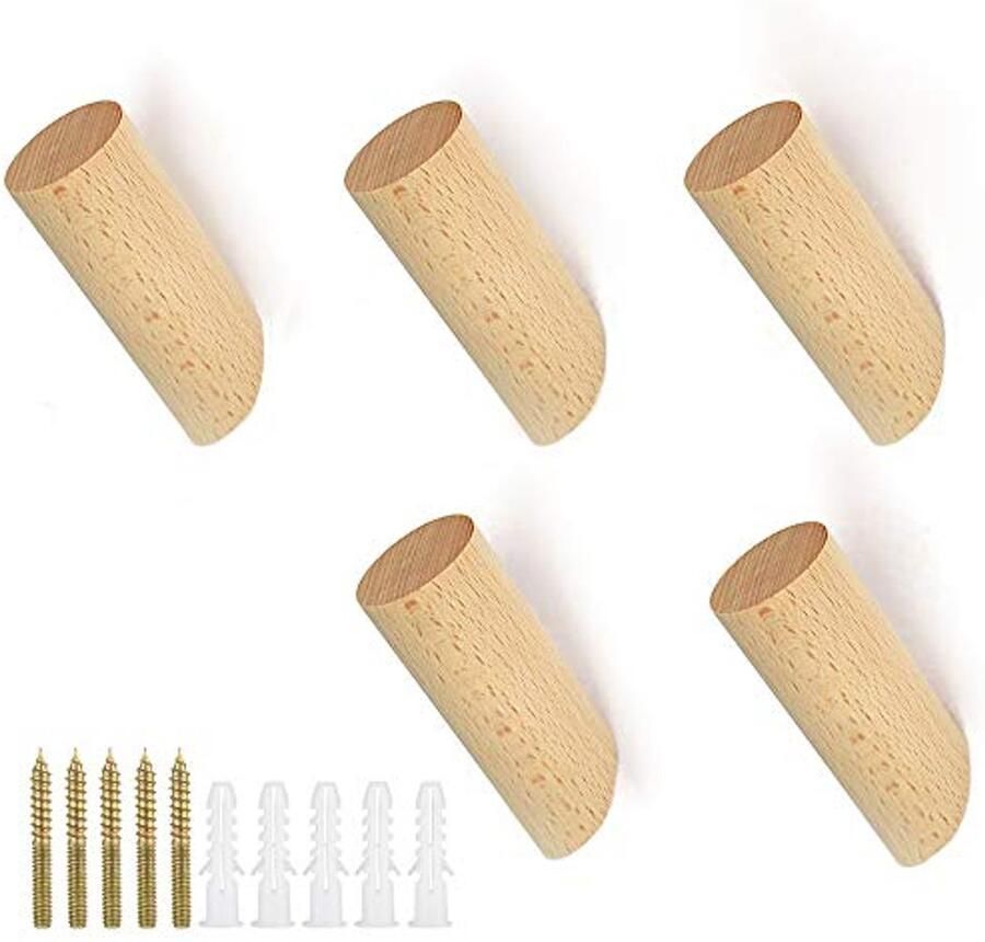 UTRUGAN Pak van 5 houten kapstokken houten wandkapstokken wandhaken handgemaakte houten haken wandkapstokken natuurlijk houten wandkapstokken met 5 schroeven voor jassen hoeden paraplu's