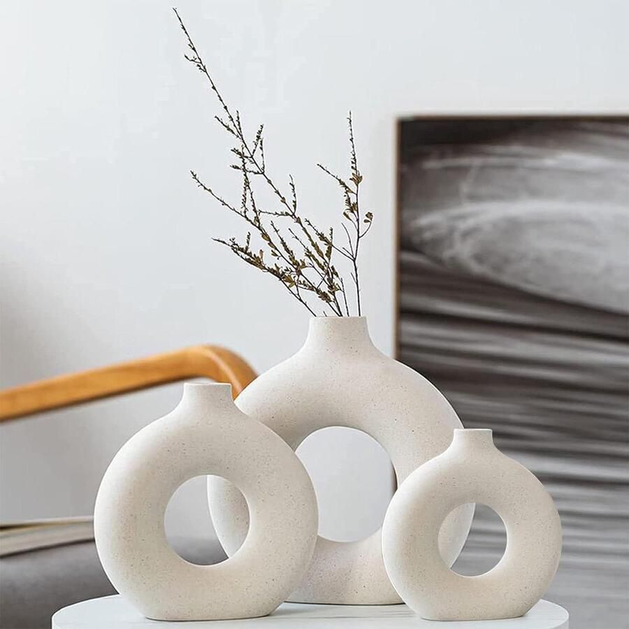 Vaas Decoratieve witte donut keramische vazen set 3 pampasgras modern Scandinavische decoratie boho beige woonkamer hal bruiloft vensterbank tafel feest woondecoratie