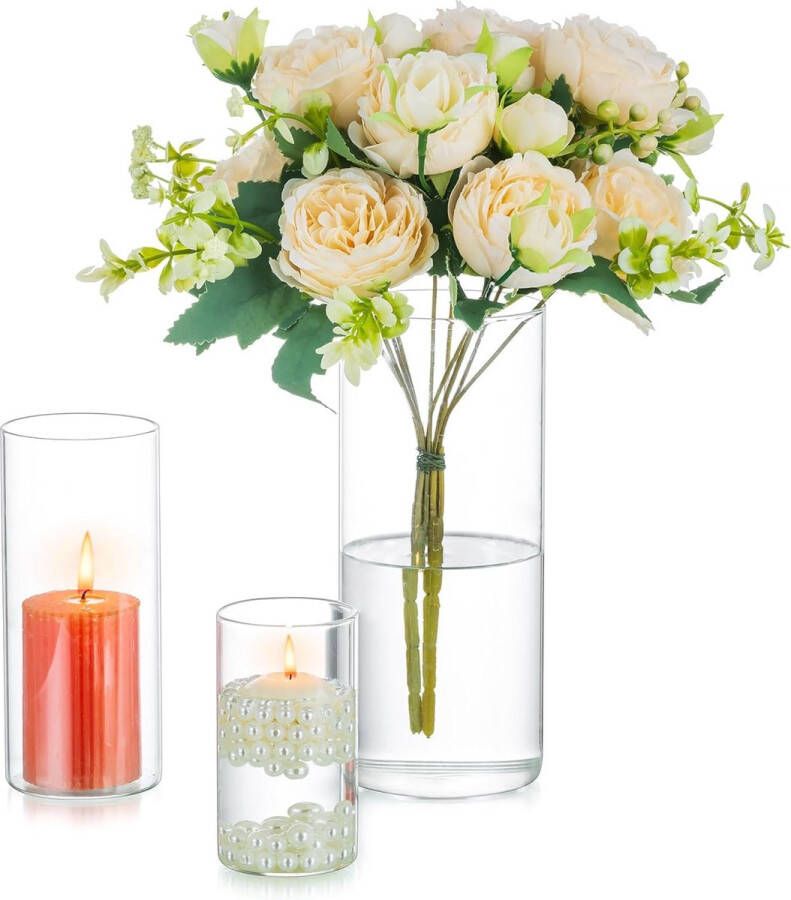 Vaas glazen cilinder bloemenvaas 3 stuks vazen decoratie transparante glazen vaas voor bruiloft tafeldecoratie windlicht glazen kandelaar kaarsenhouder voor stompkaarsen drijvende kaarsen eettafel woonkamer