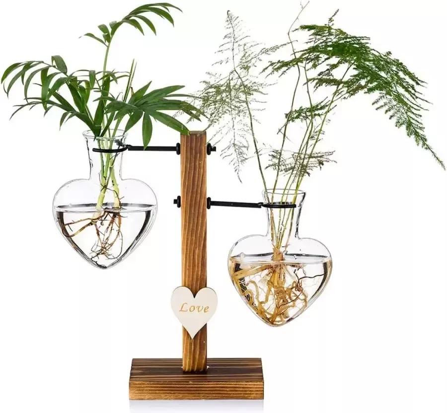 Vaas met Houten Stand Creatieve Enkele Hart Glas Hydroponische Vazen Moderne Plant Propagation Station Desktop Planter Lamp Vaas voor Home Garden Office Decoratie