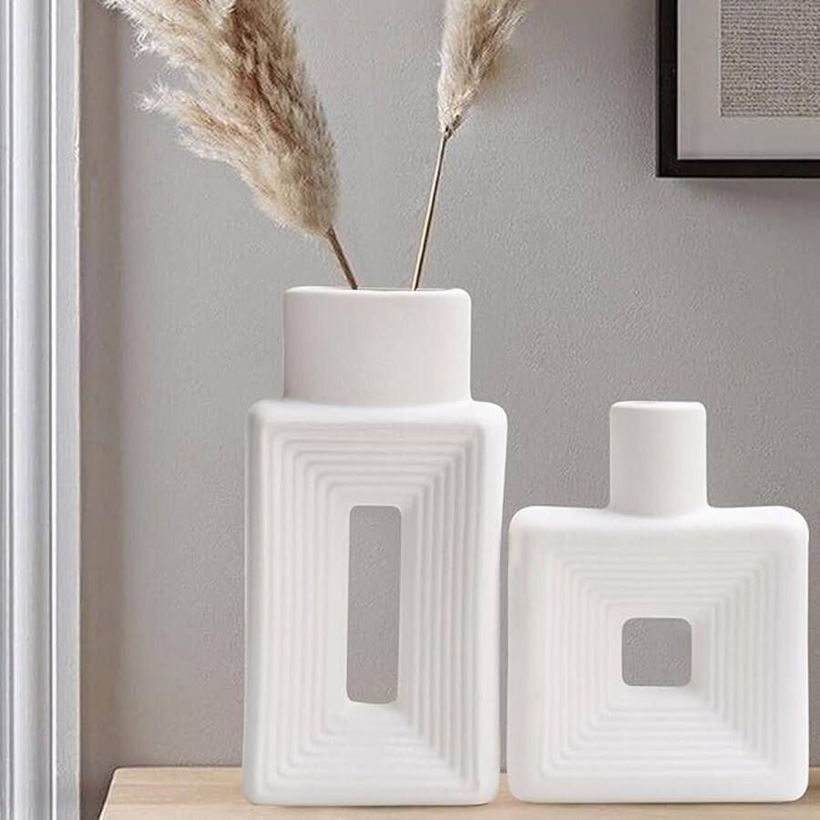 Vaas rustiek Home Decor Simple Scandinavian Bohemian stijl keramische vaas 2 stuks set voor woonkamer boekenkast tafel boekenkast open haard plank en ingang decoratieve vaas (wit)