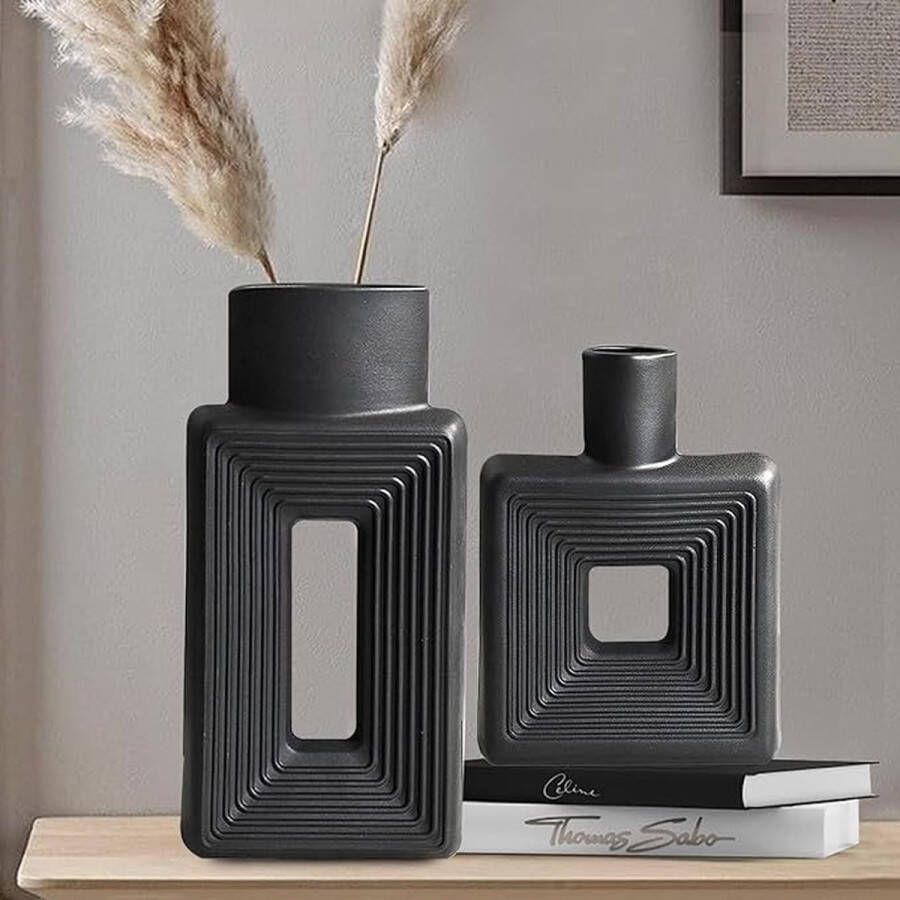 Vaas rustiek Home Decor Simple Scandinavian Bohemian stijl keramische vaas 2 stuks set voor woonkamer boekenkast tafel boekenkast open haard plank en entree decoratieve vaas (zwart)