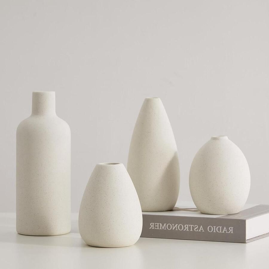 Vaas set van 4 witte keramische kleine vazen unieke bloemenvazen voor middenstukken decoratieve moderne vazen voor huisdecoratie tafel entree (wit)