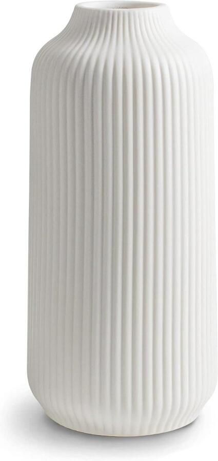 Vaas Witte keramische vaas met groeven boho decoratie 25 cm hoog voor bloemen woondecoratie pampasgras verse bloemen droogbloemen eettafel kantoor maat L