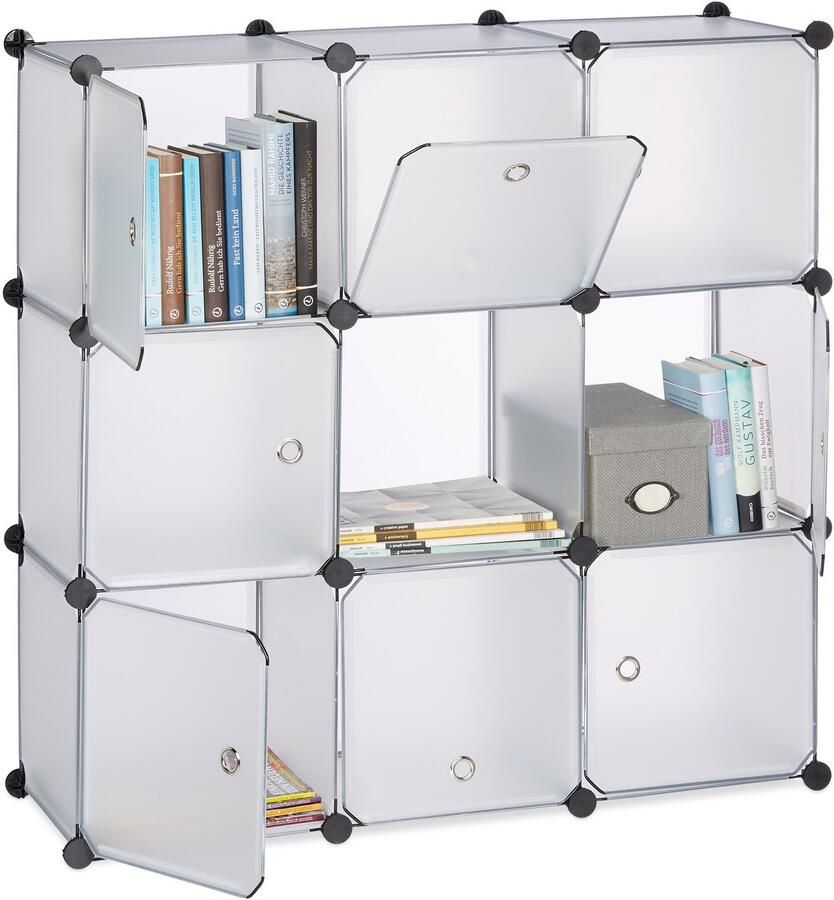 Relaxdays vakkenkast met deuren roomdivider kunststof boekenkast 9 vakken open kast doorzichtig
