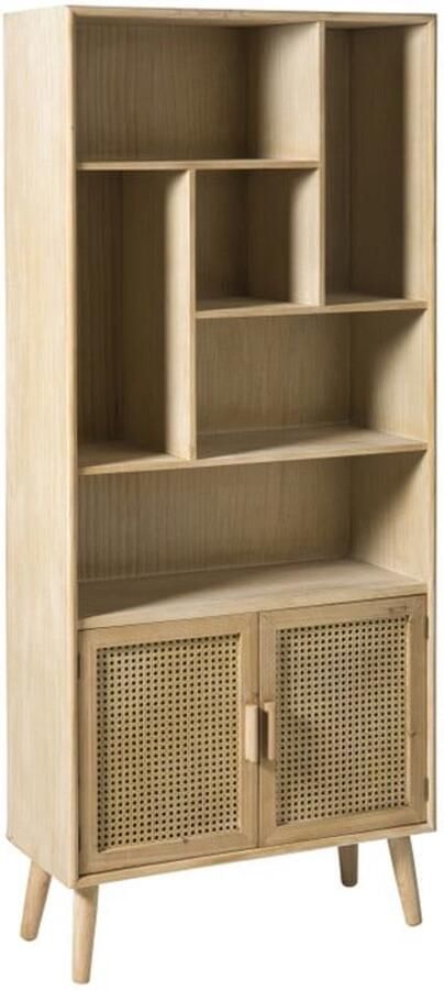 Vakkenkast – bruin hout – 170x70x33 5 cm – met rotan webbing deuren – boho Scandinavisch design – open vakkenkast