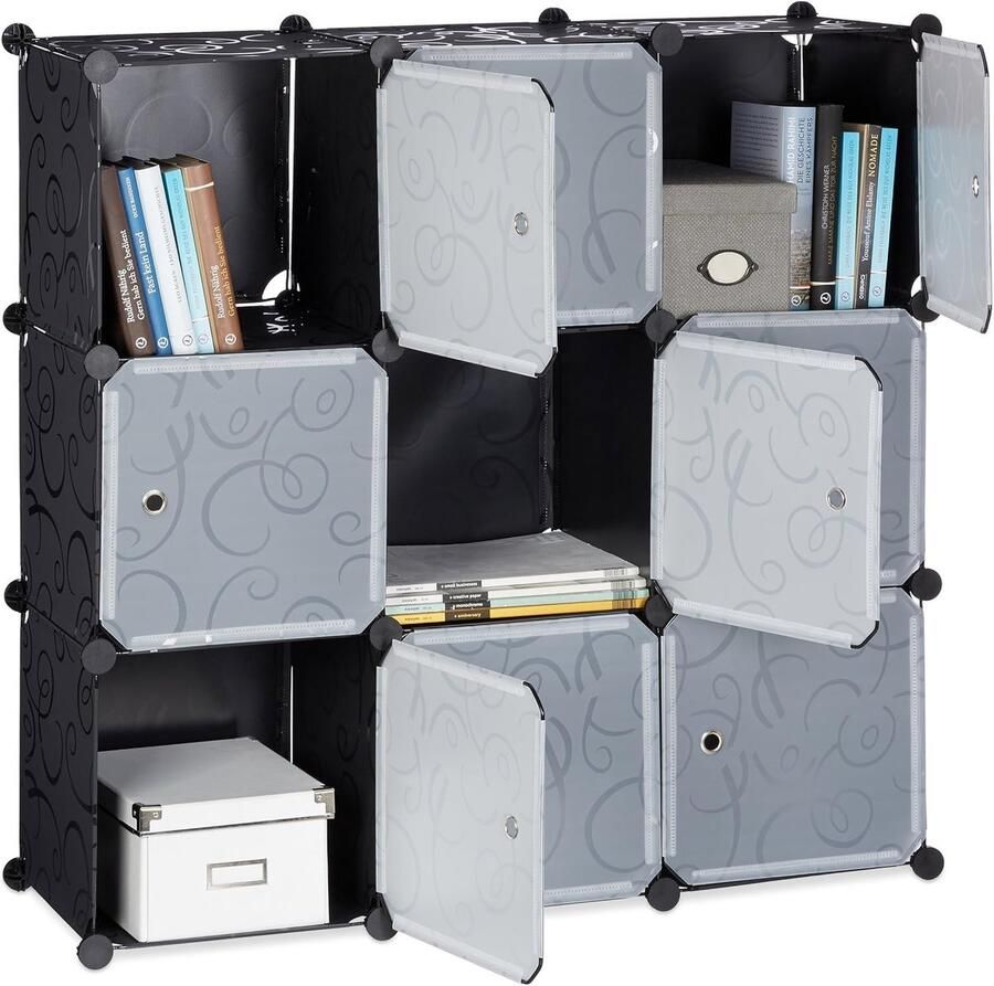Vakkenkast met 9 Vakken en Deuren Ruimtebesparende Opberglösung voor Boeken en Kleding Zwart