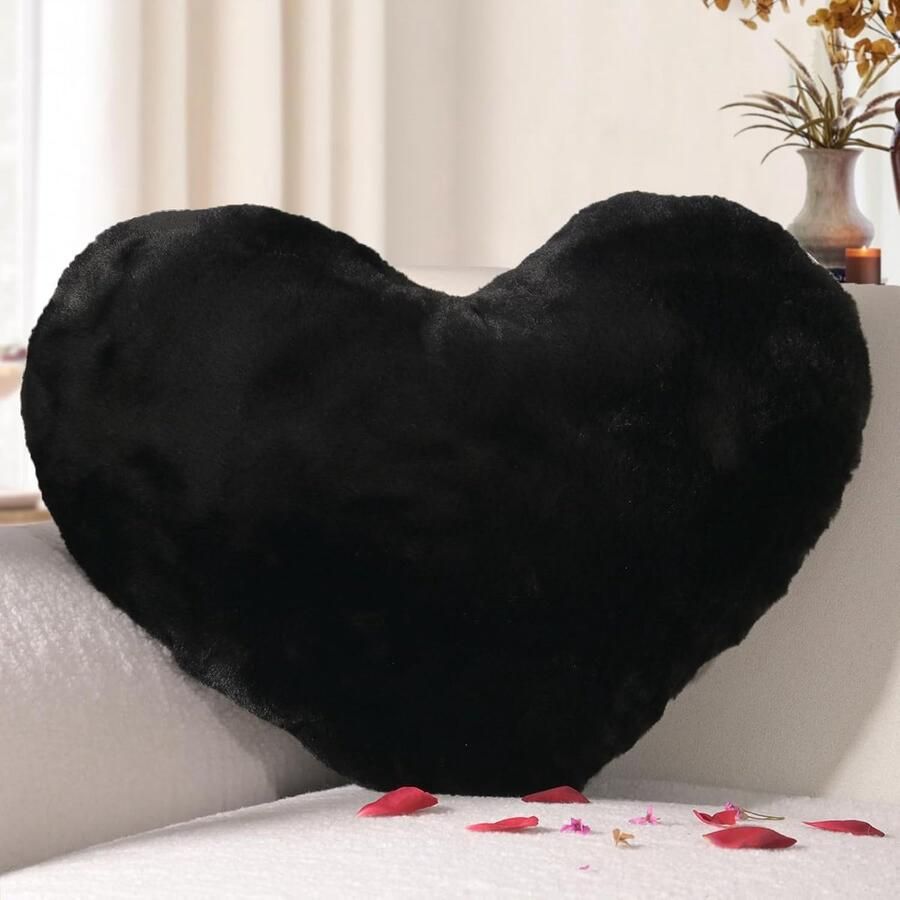 Retadou Valentijnsdag hartvormig kussen zwart hartvormig kussen knuffelkussen liefdessierkussen esthetisch pluche kussen voor woonkamer bank kind slaapkamer bed cadeau 37 x 47 cm
