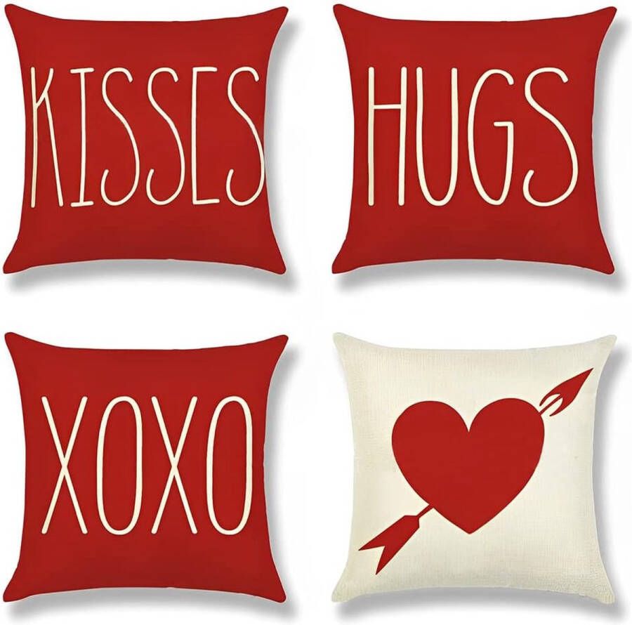 Valentijnsdag kussensloop 45 x 45 cm set van 4 kussenslopen decoratieve kussenslopen voor terras bank stoel bed decoratie rood hart-decoratief kussen voor Happy Valentine decoratie