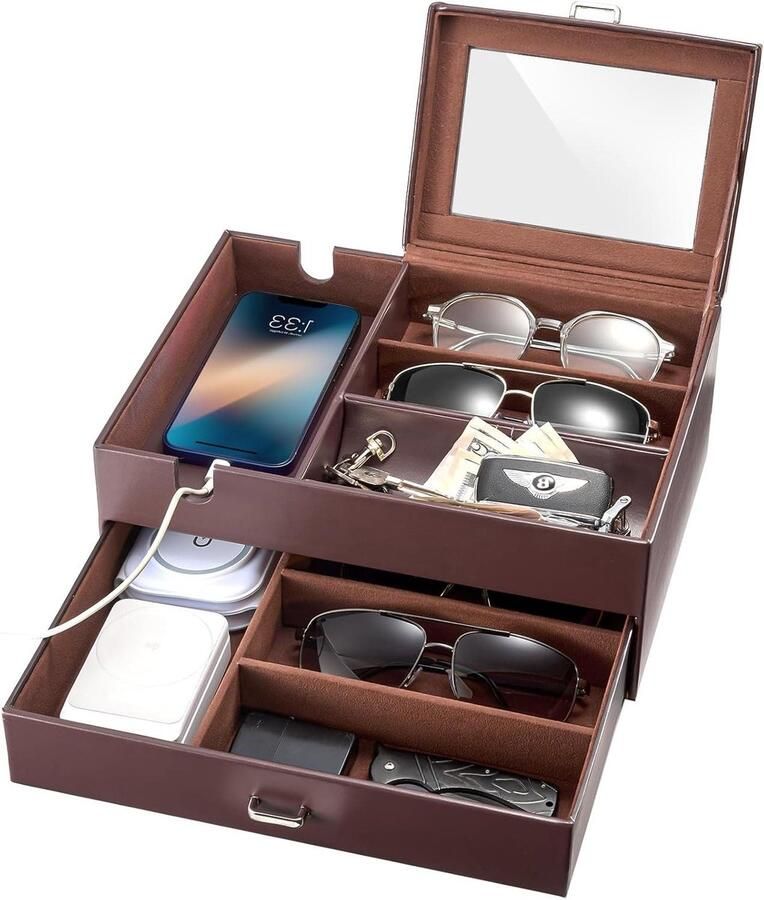 Valet Tray voor mannen 2 lagen kunstleer nachtkastje organisatoren met glazen deksel Espresso