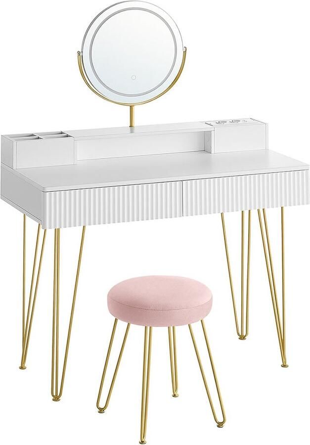 Vanity Set met Kruk Make-uptafel Dressoir Geïntegreerde verlichting Matwit-lichtgoud 40 x 100 x 134 8 cm