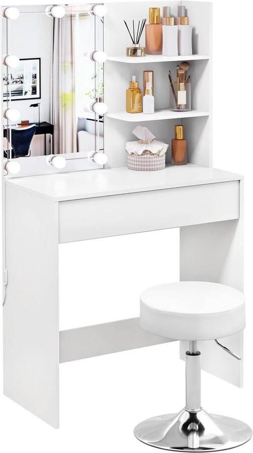 Rootz Living Rootz Vanity Set met verlichte spiegel Make-uptafel Dressoir Verwijderbare scheidingswand LED-lampen Verstelbare kruk Wit 75 cm x 136 cm x 40 cm