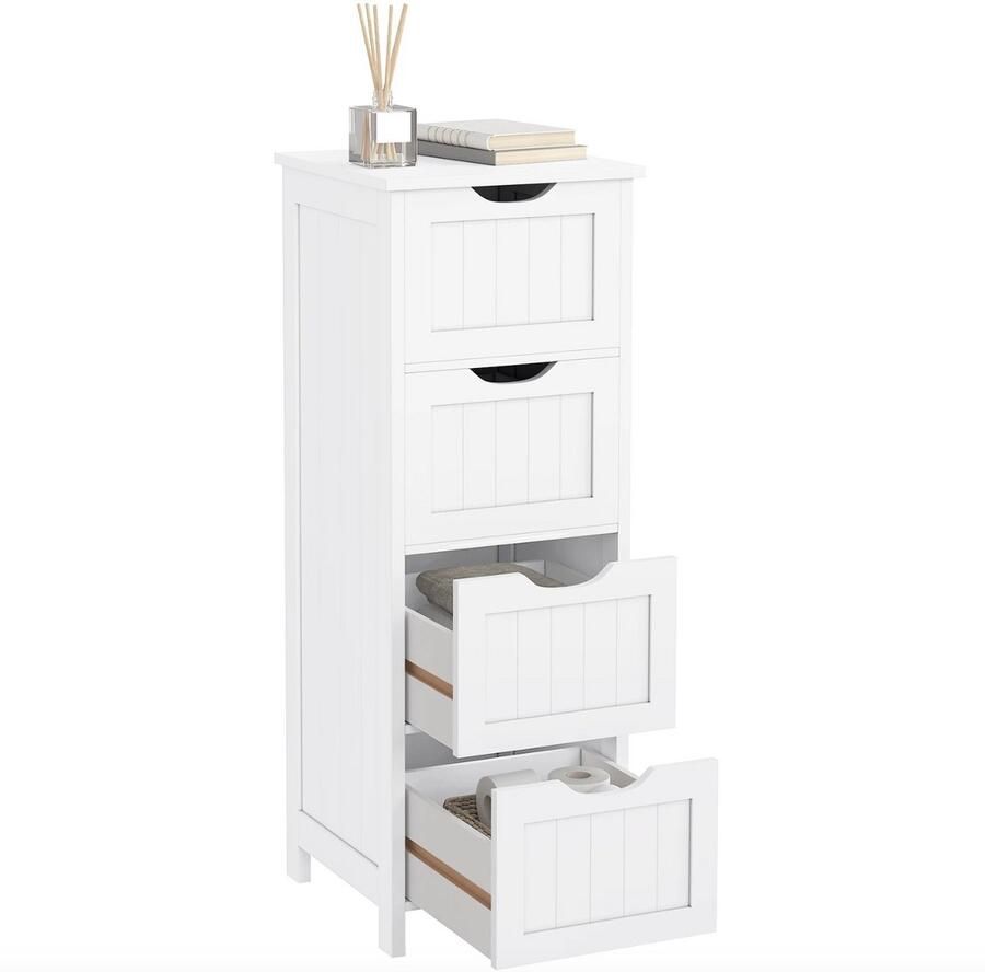 Varnox badkamerkast Ladekast Wandkast Opbergkast Kast Muurkast Middelhoge kast 4 lades 4 laden Badkamer meubel Hout Wit