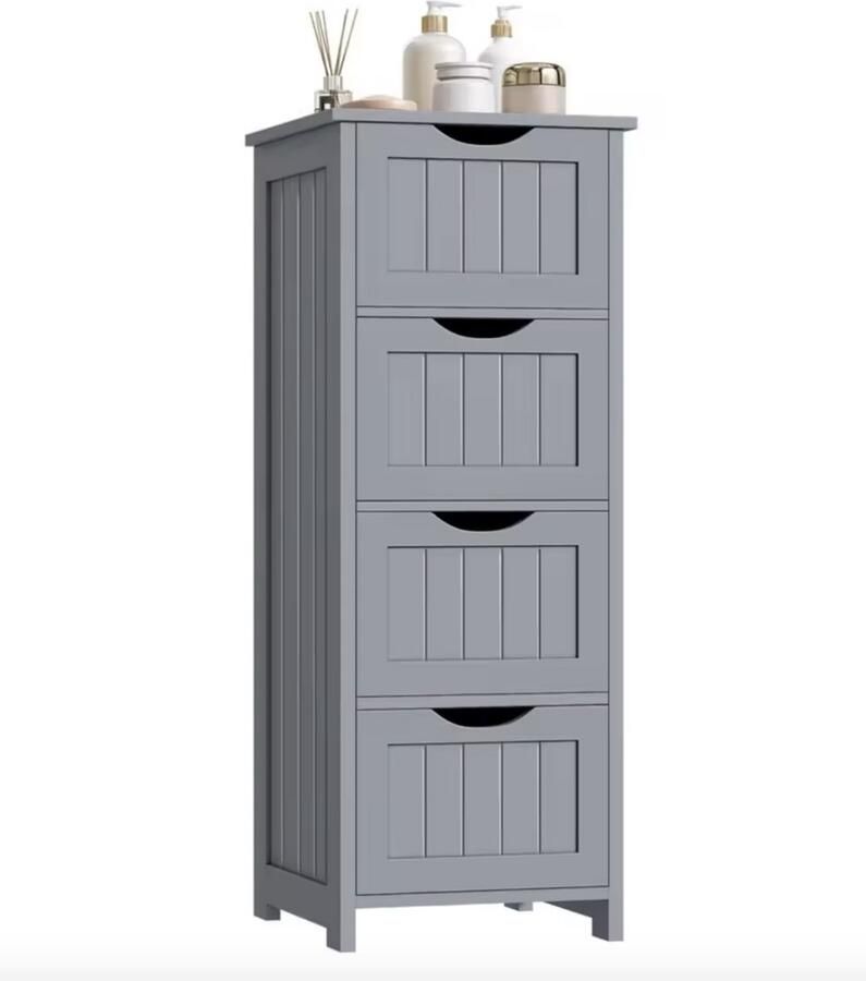 Varnox badkamerkast Ladekast Wandkast Opbergkast Kast Muurkast Middelhoge kast 4 lades 4 laden Badkamer meubel Hout Grijs