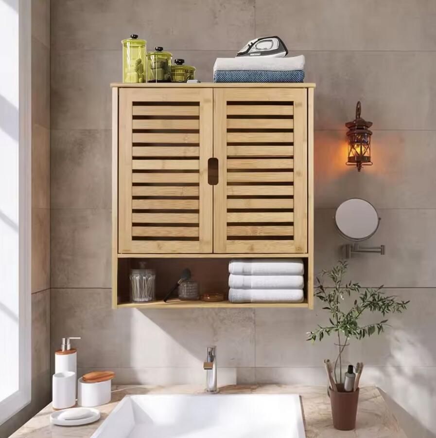 Varnox badkamerkast Wandkast Opbergkast Kast Muurkast Dubbele deur Medicijnkast Verstelbare planken Badkamer meubel Bamboe Hout