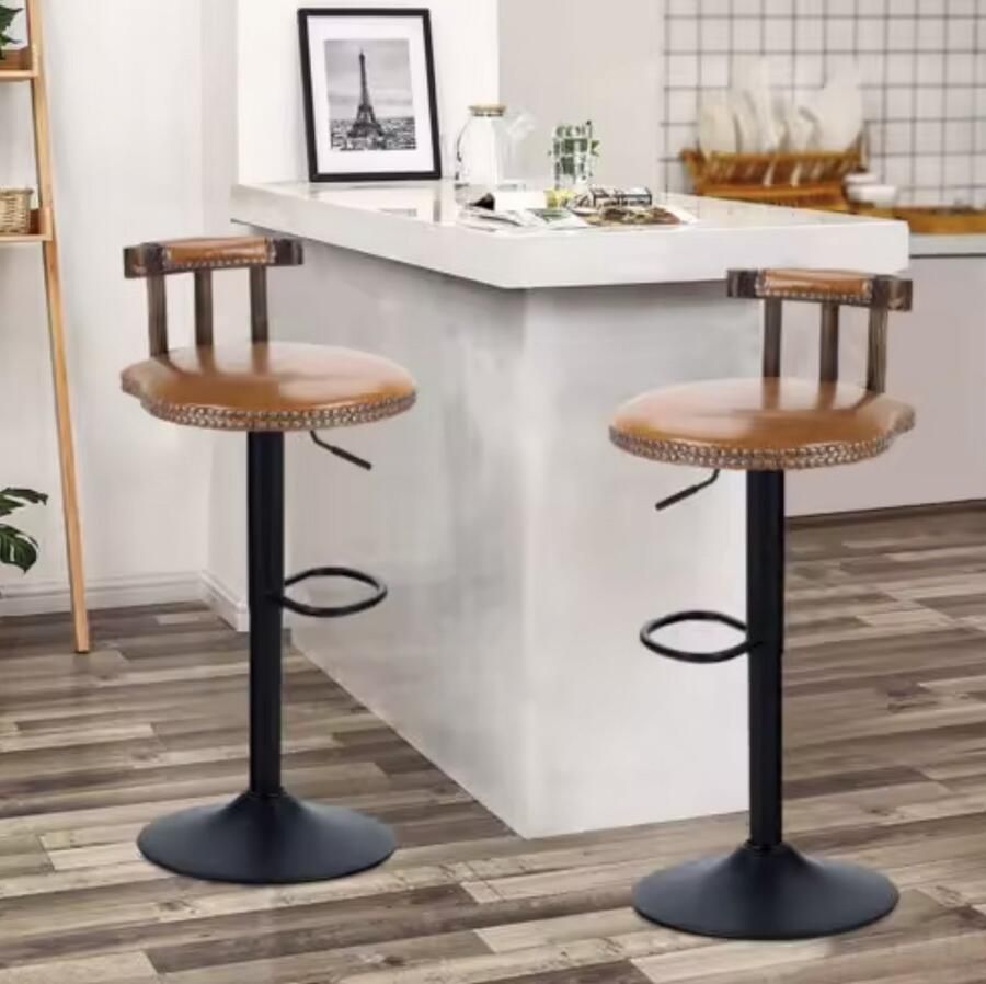 Varnox Barkruk Barkrukken Retro barkruk Set van 2 barkrukken Kruk met rugleuning Hoogte verstelbaar 360 graden draaibaar PU leer Imitatie leer Lichtbruin Bruin