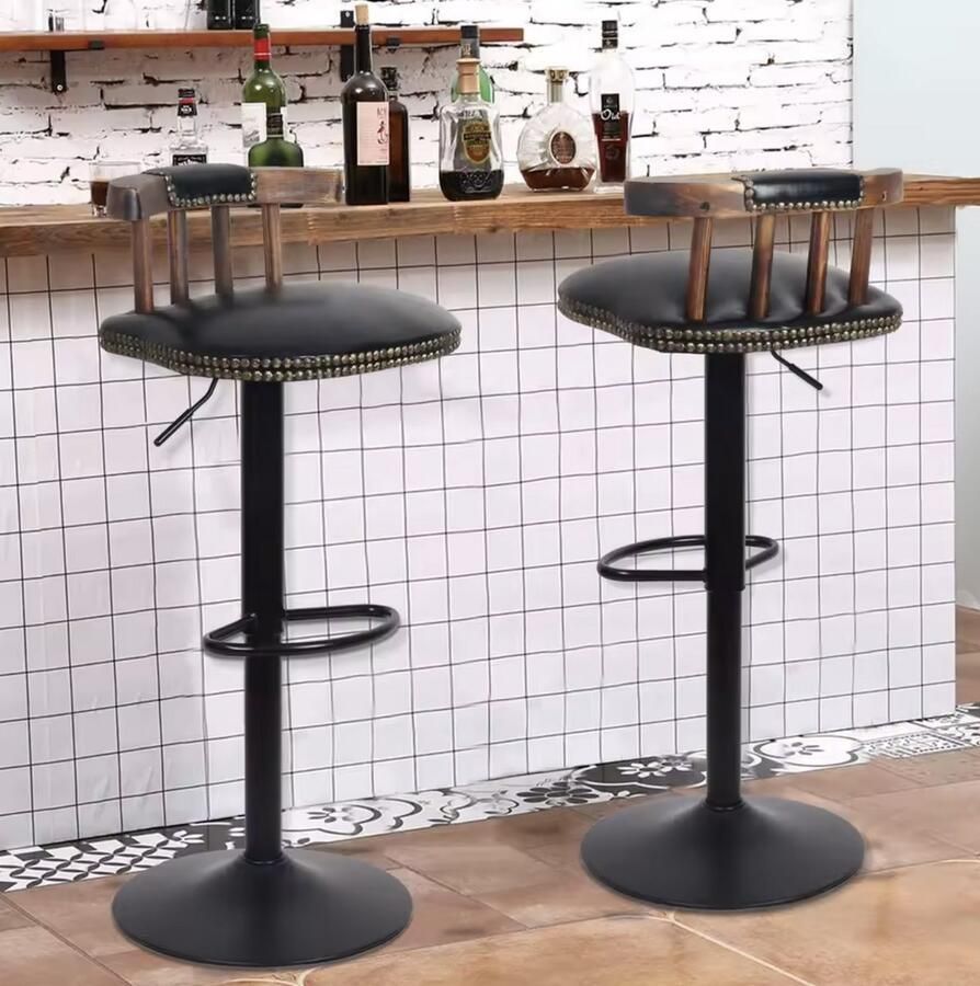 Varnox Barkruk Barkrukken Retro barkruk Set van 2 barkrukken Kruk met rugleuning Hoogte verstelbaar 360 graden draaibaar PU leer Imitatie leer Zwart