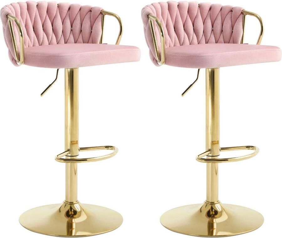 Varnox Barkruk Barkrukken Set van 2 Barkrukken Fluwelen barkruk fluweel Kruk Velvet Gevlochten patroon Roze Gouden Poot