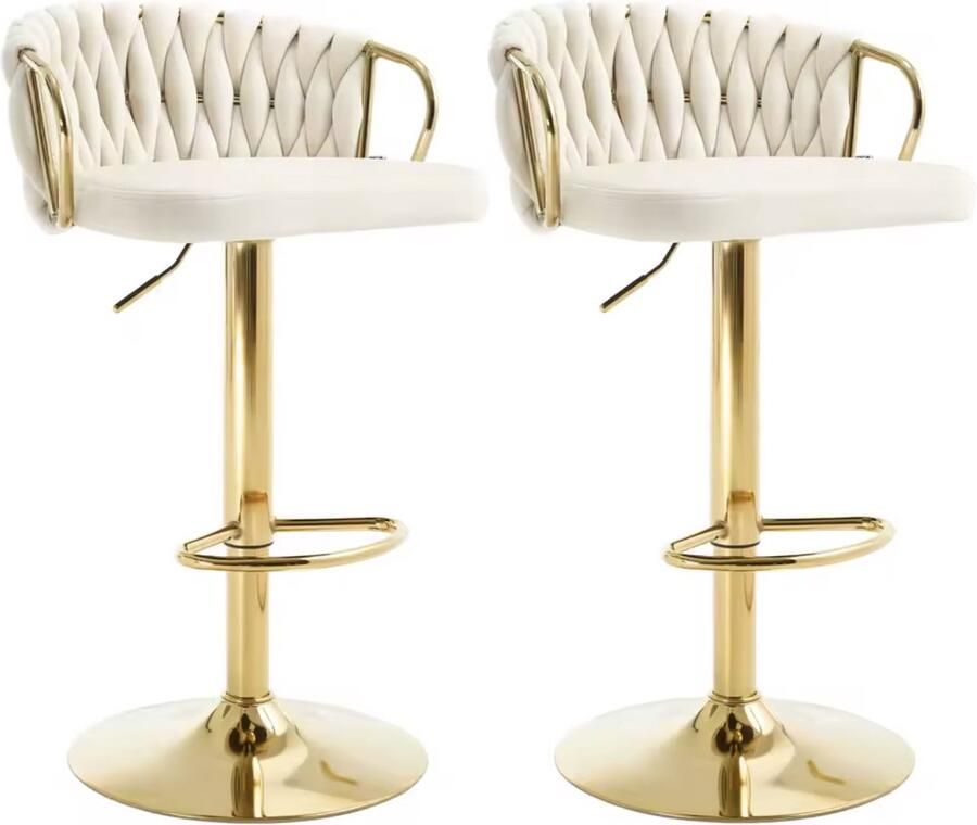 Varnox Barkruk Barkrukken Set van 2 Barkrukken Fluwelen barkruk fluweel Kruk Velvet Gevlochten patroon Beige Crème wit Gouden Poot