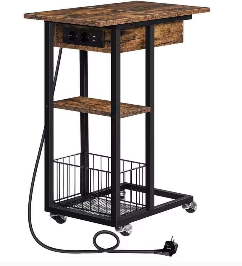 Varnox Bijzettafel Kleine bijzettafel Sidetable Banktafel Tafel Eindtafel Nachtkastje Naast bank Naast bed Met stopcontact Stroom Opbergvak Op wieltjes USB Industrieel Bruin