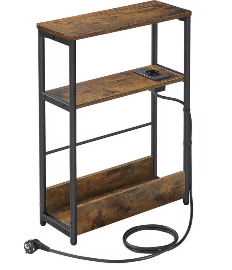 Varnox Bijzettafel Kleine bijzettafel Sidetable Banktafel Tafel Eindtafel Nachtkastje Naast bank Naast bed Met stopcontact Stroom Opbergvak USB Industrieel Bruin