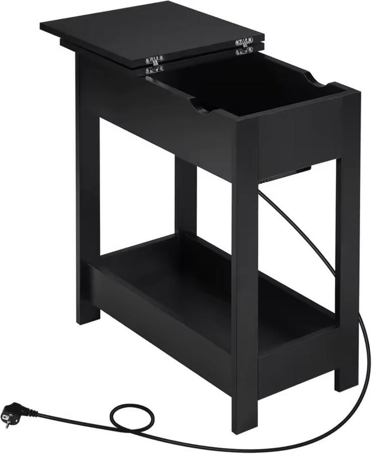 Varnox Bijzettafel Kleine bijzettafel Sidetable Banktafel Tafel Eindtafel Nachtkastje Naast bank Naast bed Met stopcontact Stroom Opbergvak USB-A Industrieel Zwart