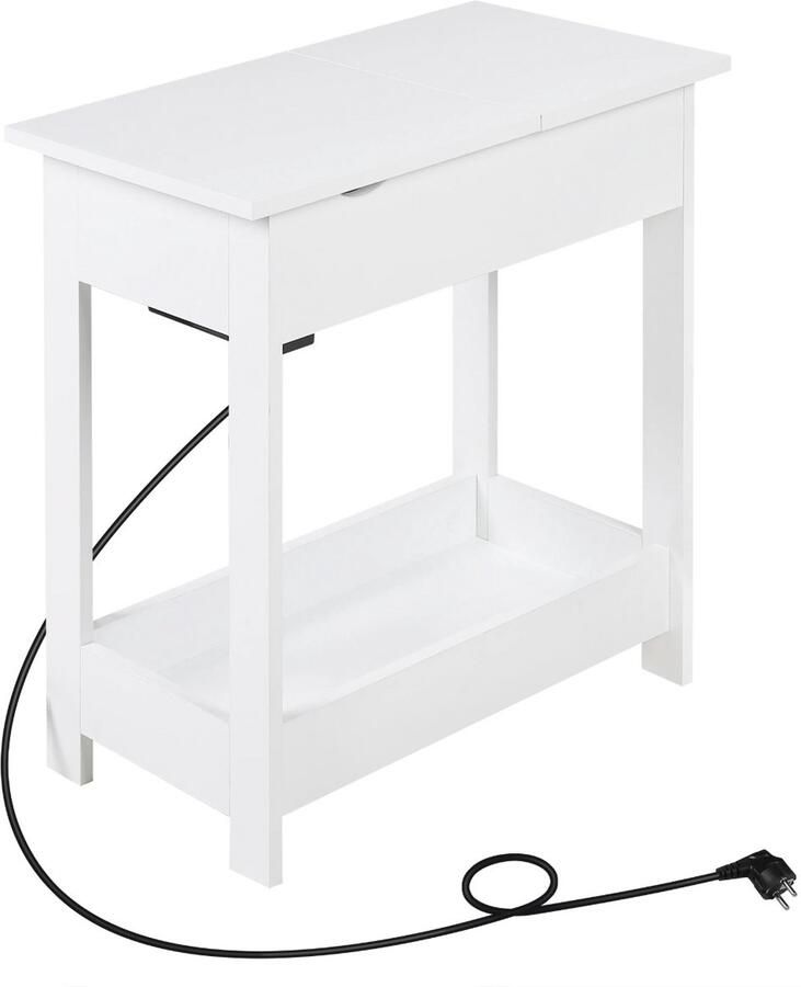 Varnox Bijzettafel Kleine bijzettafel Sidetable Banktafel Tafel Eindtafel Nachtkastje Naast bank Naast bed Met stopcontact Stroom Opbergvak USB-A Industrieel Wit